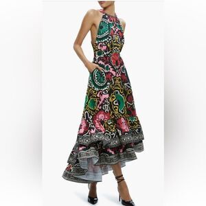 Alice + Olivia Loyce Mixed Print High-Low Maxi Dress in Monarch Black Size 0
